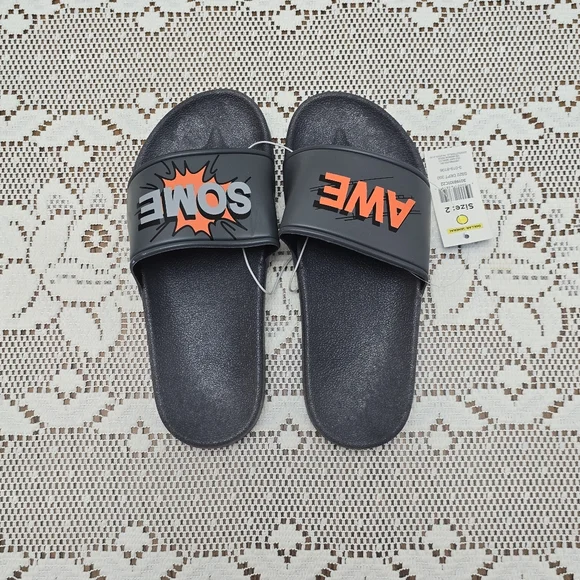 NWT Boy's Slides Sandals Dark Gray Size 2 Orange Awesome Word Slip On Shoes - Picture 4 of 6